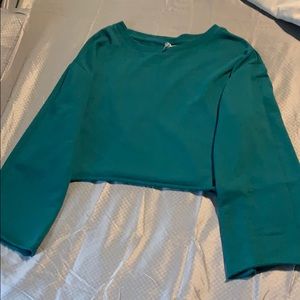 Cropped green flared long sleeve sweater.